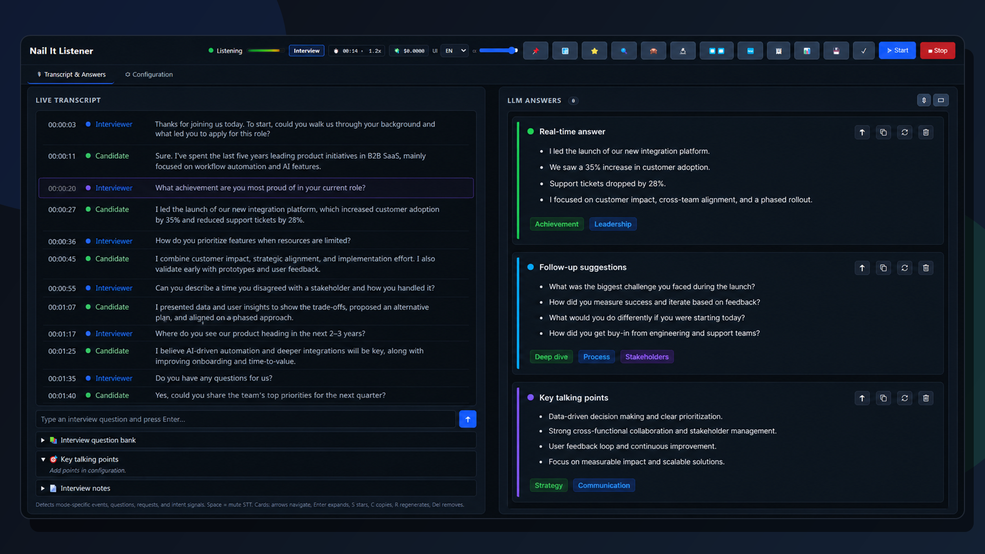 NailIT application interface with live transcript and LLM answers